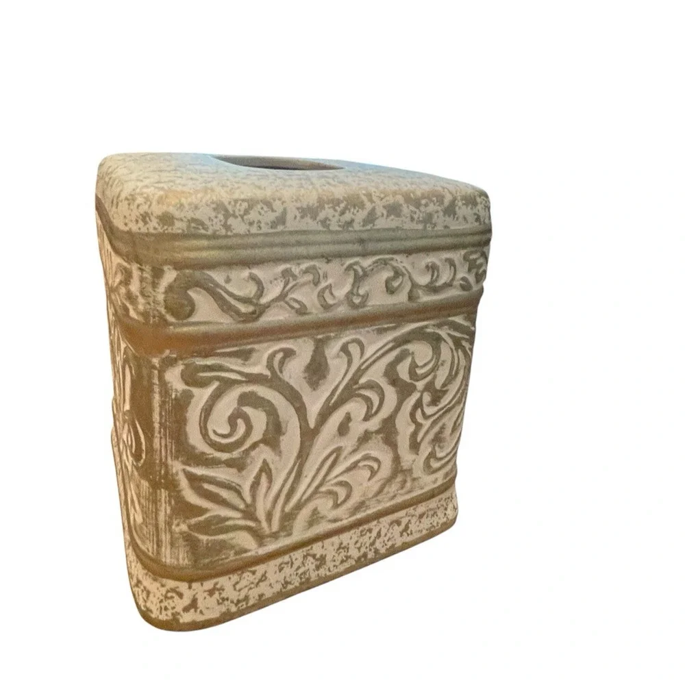 Vintage Clay Tissue Box Cover French Provincial Scrolling Leaf Cream Gold